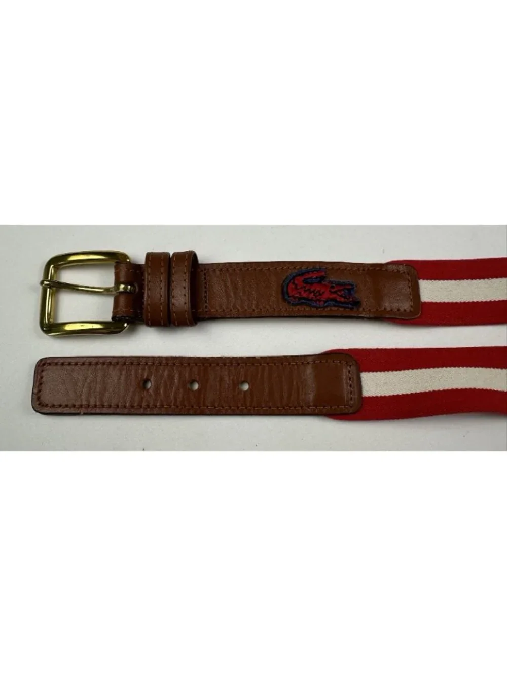 Lacoste Men’s Red White Stretch Fabric Leather Trim Skinny Belt Large 38/95